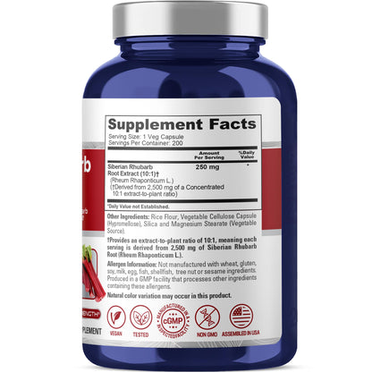 NusaPure Siberian Rhubarb 10:1 Extract, 250 mg Equivalent to 2,500mg - 200 Veggie Capsules (Vegetarian, Non-GMO, Vegan) - Maple Wellness Supplements