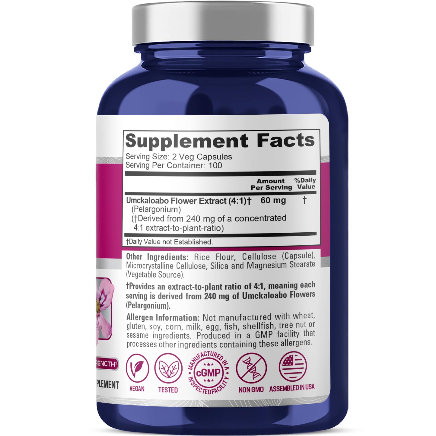 NusaPure Umckaloabo 4:1 Extract, 60 mg Equivalent to 240 mg Veggie Caps 200 Count (Non-GMO, Vegan) - Maple Wellness Supplements