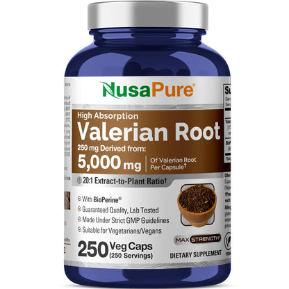 NusaPure Valerian Root 20:1 Extract, 250 mg Equivalent to 5000mg Per Veggie Caps, 250 Count, Vegan, Non-GMO, Bioperine - Maple Wellness Supplements