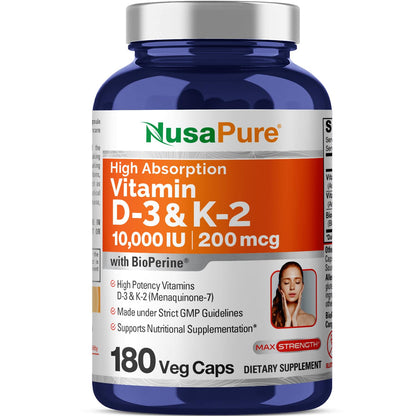 NusaPure Vitamin K2 (MK7) (200mcg) + Vitamin D3 (10000 IU) 180 Veg Caps - Bioperine, Soyfree, Non-GMO - Maple Wellness Supplements