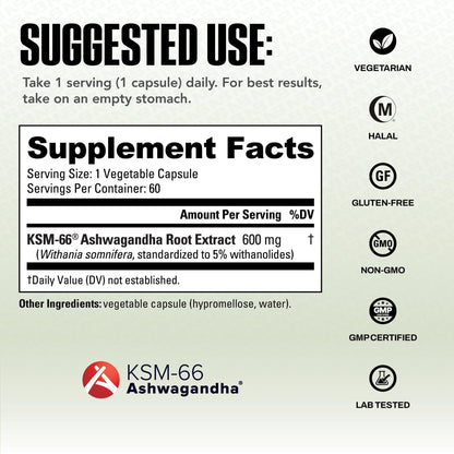 NutraBio Ashwagandha KSM-66 | Ashwagandha Herbal Supplement for Stress, Mood, & Performance | 600 MG of Clinically Studied KSM66 60 Capsules - Maple Wellness Supplements
