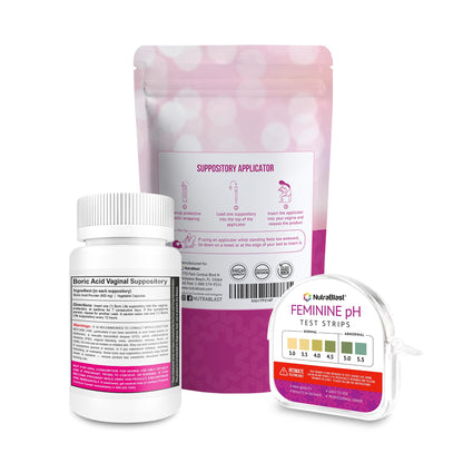 NutraBlast Boric Acid Suppositories 600mg (30 Count) Bundle with Disposable Suppository Applicators (15-Pack) and Feminine pH Test Strips 3.0-5.5 (100 Tests Roll) - Maple Wellness Supplements