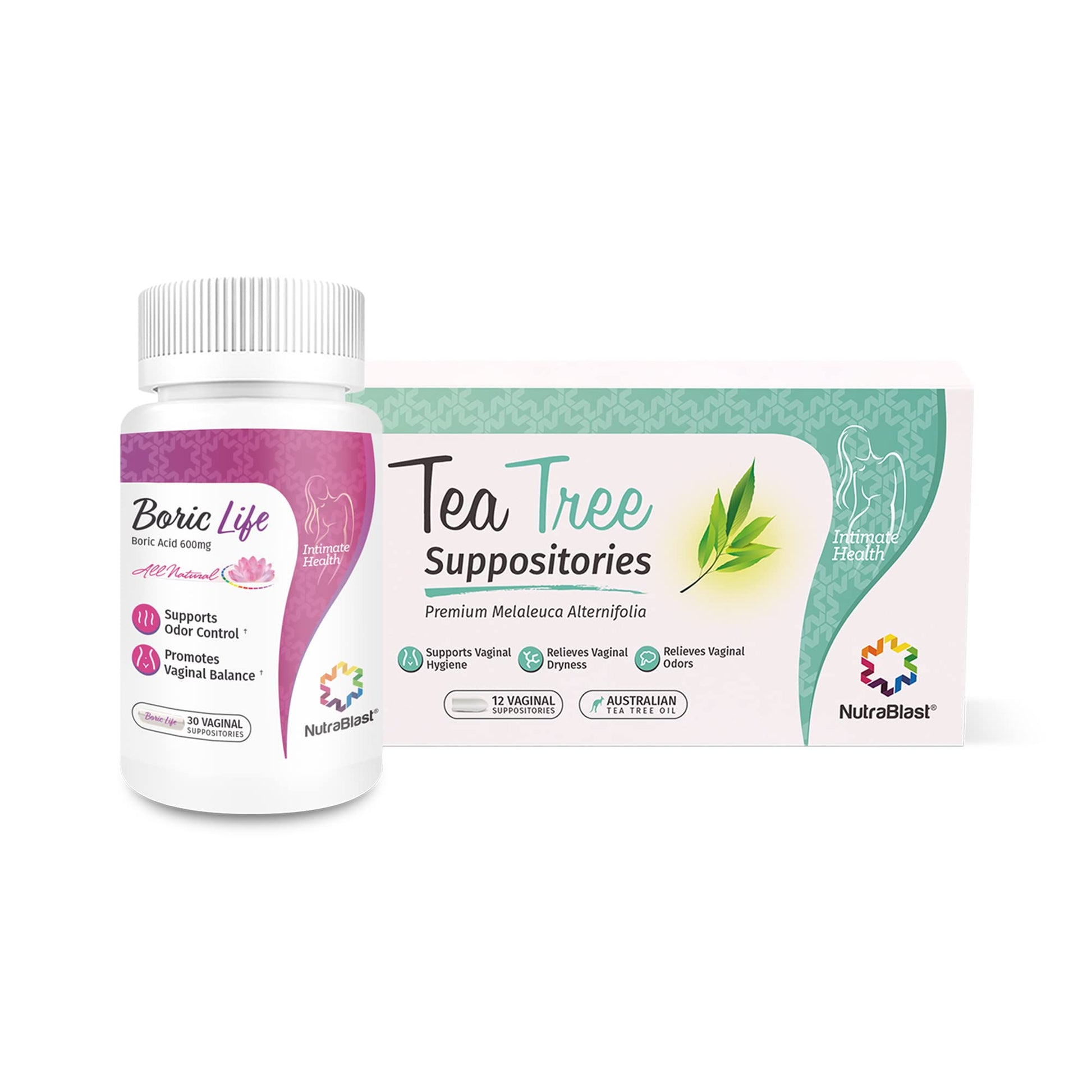 NutraBlast Boric Acid Suppositories 600mg (30 Count) Bundle with Tea Tree Oil Suppositories (12 Count) | All Natural Intimate Deodorant for Women | Restore Feminine pH Balance - Maple Wellness Supplements