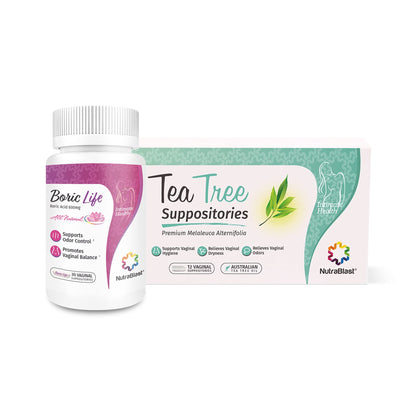 NutraBlast Boric Acid Suppositories 600mg (30 Count) Bundle with Tea Tree Oil Suppositories (12 Count) | All Natural Intimate Deodorant for Women | Restore Feminine pH Balance - Maple Wellness Supplements