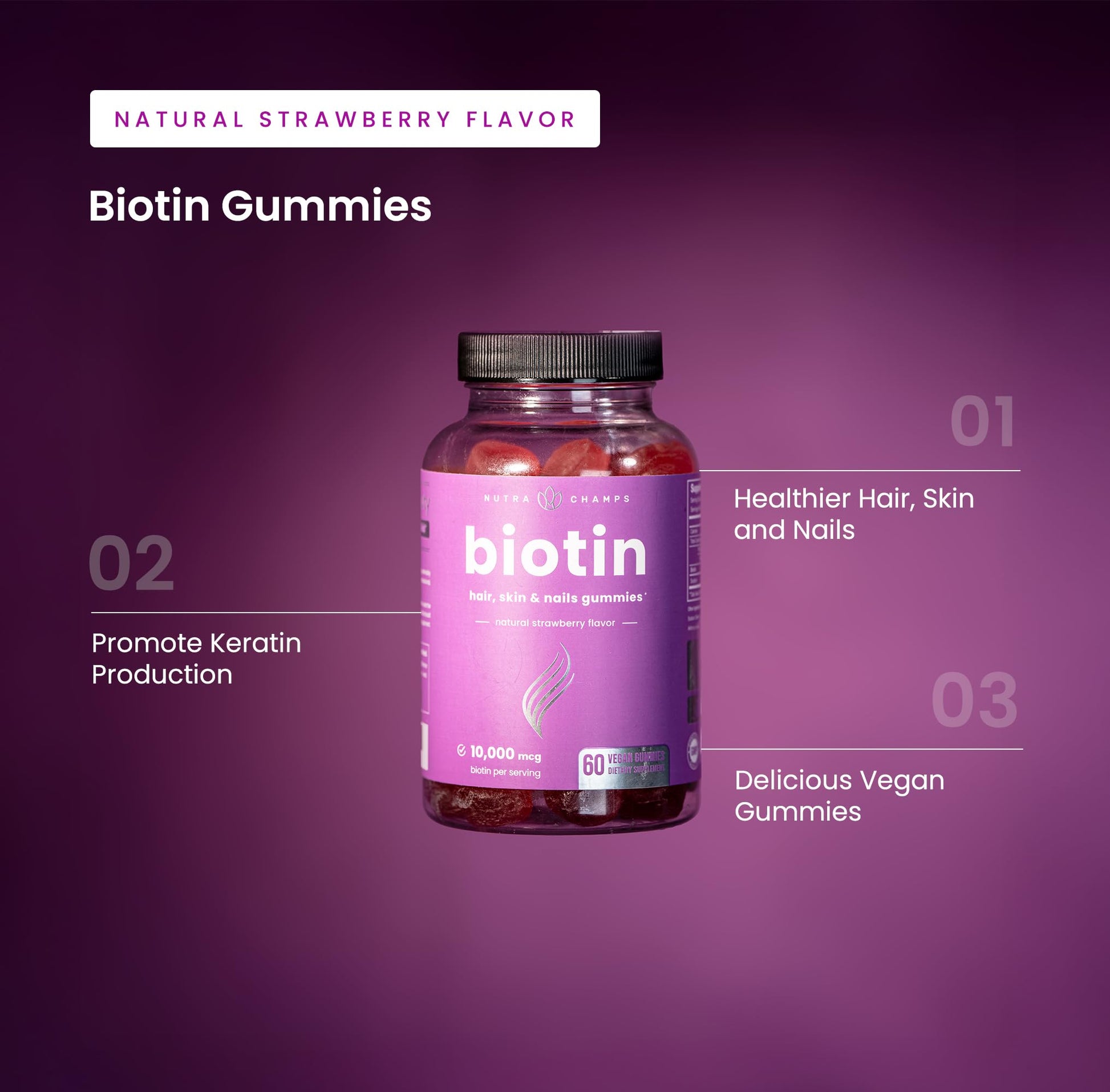 NutraChamps (2 Pack) Biotin Gummies 10,000mcg [High Potency] for Healthy Hair, Skin & Nails for Adults & Kids - 5000mcg in Each Gummy Vitamin - Vegan, Non-GMO - Maple Wellness Supplements