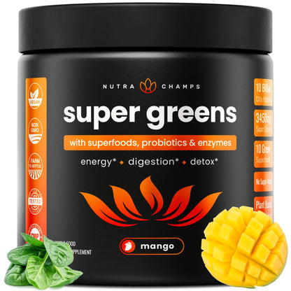 NutraChamps Super Greens Powder Premium Superfood | 20+ Organic Green Veggie Whole Foods | Wheat Grass, Spirulina, Chlorella | Antioxidant, Digestive Enzyme - Maple Wellness Supplements
