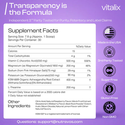 NutraVōs Vitalix – Cortisol Reducer & Adaptogen Drink Mix with Ashwagandha KSM 66, Magnesium Glycinate 200mg, L-Theanine 200mg, Vitamin C 500mg & Electrolytes – Raspberry Lemonade – 30 Servings - Maple Wellness Supplements