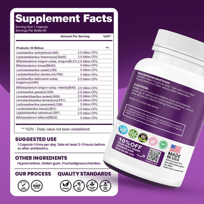 Nutrawave 50 Billion Probiotics for Women & Men, 15 Strains Active Culture. Relieves Bloating & Constipation, Improved Digestion & Gut Health Supplement, Vegan. 60 Powerful Small Capsules. - Maple Wellness Supplements