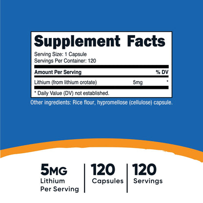 Nutricost Lithium Orotate 5mg, 120 Capsules - Veggie Caps, Non-GMO, Gluten Free - Maple Wellness Supplements