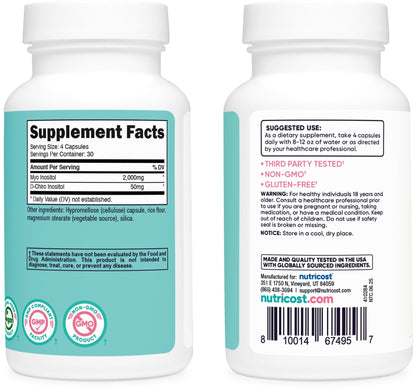 Nutricost Myo Inositol & D-Chiro Inositol for Women 2000mg, 120 Capsules, 2000mg Myo & 50mg D-Chiro Per Serving, 30 Servings - Maple Wellness Supplements