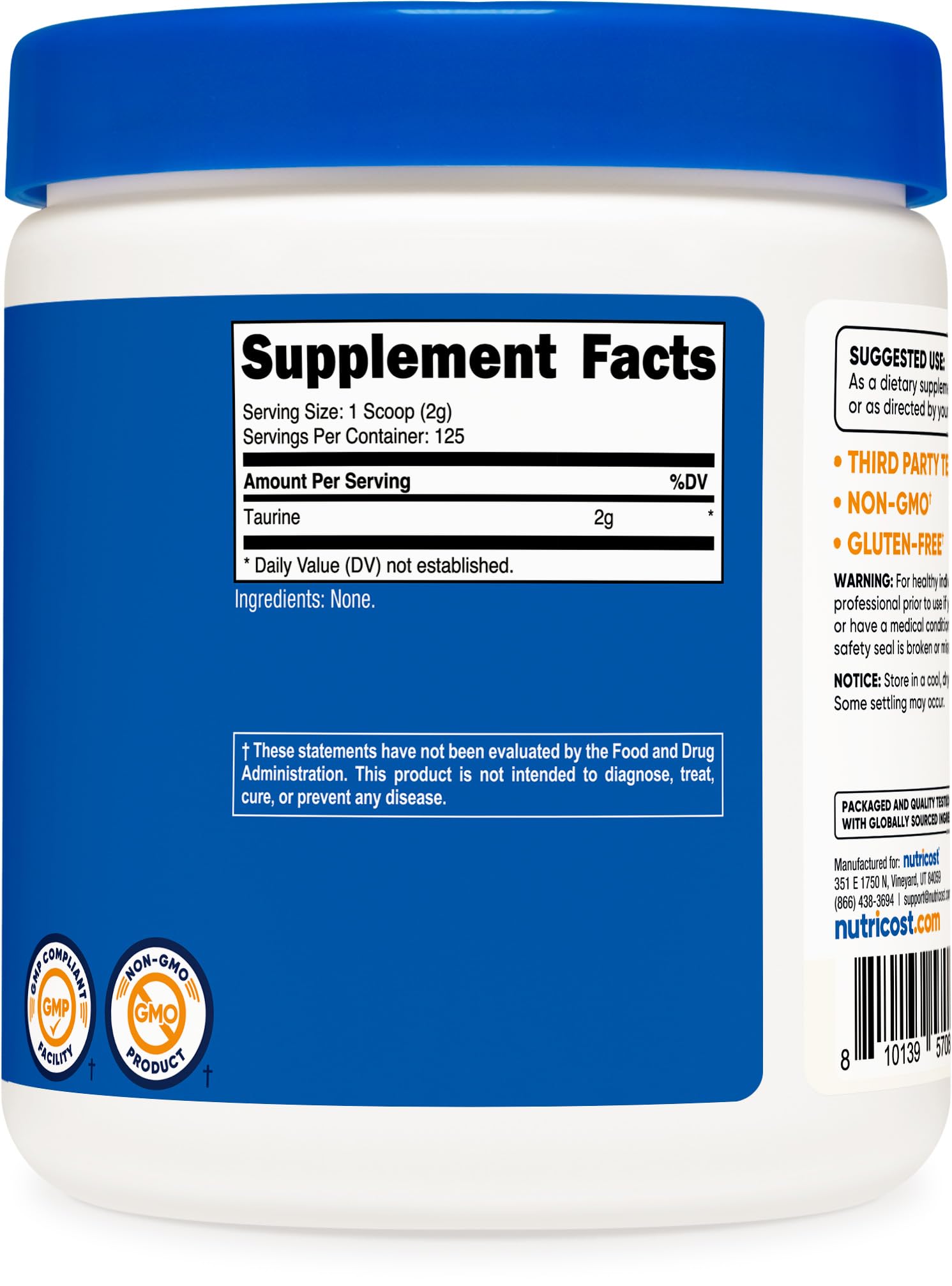 Nutricost Taurine Powder 250 Grams - 125 Servings, 2000mg Per Serving - Maple Wellness Supplements