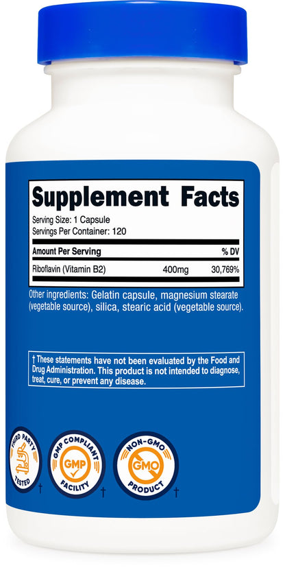 Nutricost Vitamin B2 (Riboflavin) 400mg, 120 Capsules - Gluten Free, Non-GMO - Maple Wellness Supplements