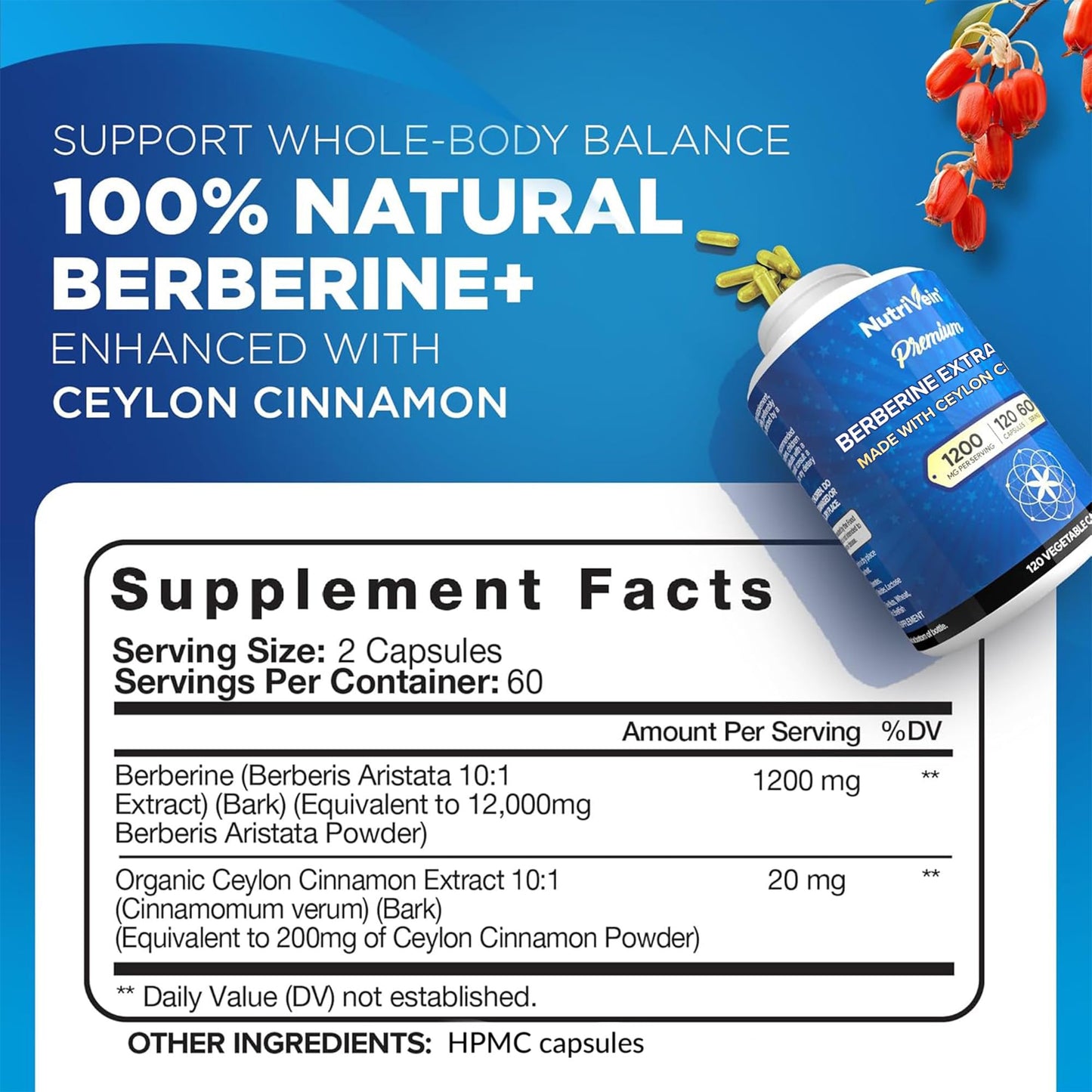 Nutrivein Premium Berberine 1200 mg with Ceylon Cinnamon - 120 Capsules: High-Absorption Berberine Supplement - Maple Wellness Supplements