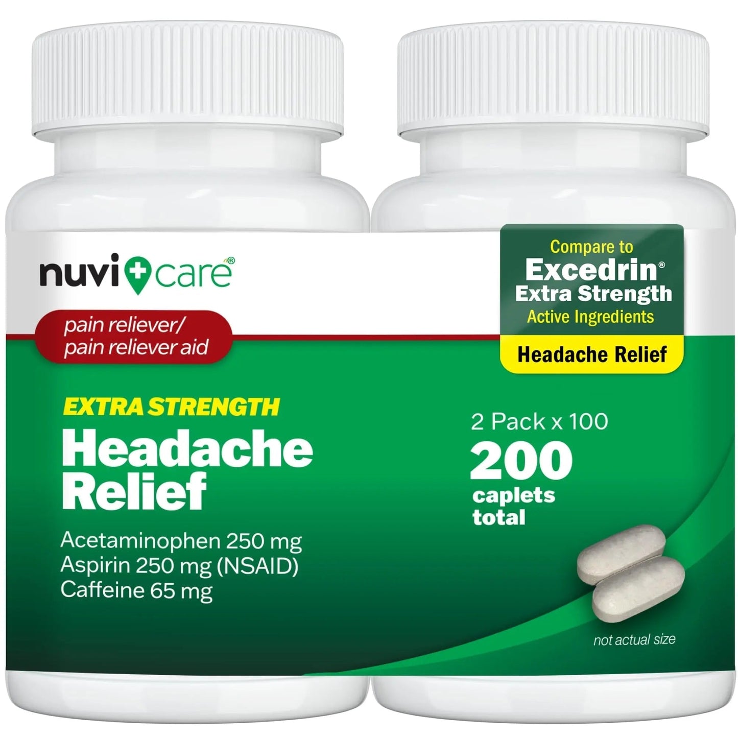 NUVICARE Headache Relief with Acetaminophen 250 mg, Aspirin (NSAID) 250 mg, Caffeine 65 mg - Temporary Relief of Minor Aches & Pains - Compare to Excedrin Extra Strength Pain Reliever (2 Pack) - Maple Wellness Supplements