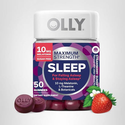 OLLY Max Strength Sleep Gummy, 10mg Melatonin, L-Theanine, Chamomile, Lemon Balm, Sugar Free, Vegetarian Sleep Aid, Strawberry - 70 Count - Maple Wellness Supplements