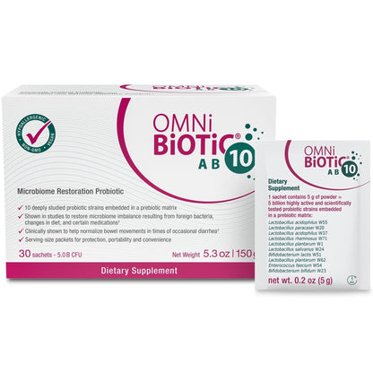 OMNi BiOTiC AB 10 - Clinically Tested Restorative Probiotic - Supports & Restores Gut Flora & Digestion - Digestive Probiotic for Diarrhea - Vegan, Hypoallergenic, Non-GMO (30 Daily Packets) - Maple Wellness Supplements