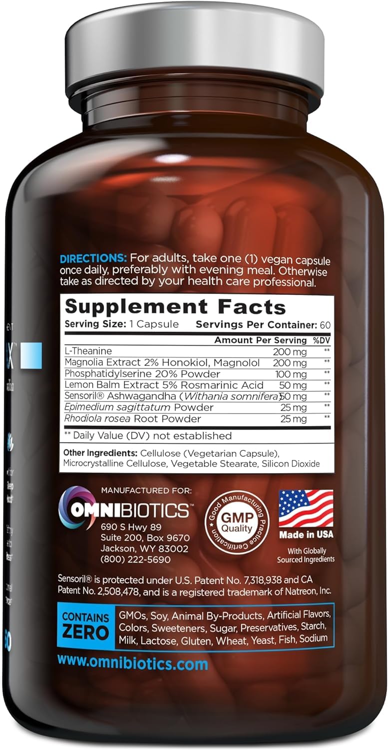 OmniBiotics Cortisol Supplement for Women and Men - High Cortisol Manager with Ashwagandha, L-Theanine, Magnolia Extract, Phosphatidylserine to Support Relaxation, Calm, Detox - 60 Vegan Capsules - Maple Wellness Supplements