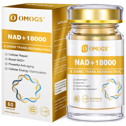 OMOGS NAD+ 300 mg + Trans-Resveratrol 200 mg, Pure NAD Supplement, Max Absorption, Boosting Supplement for DNA Repair, Healthy Aging, Cellular Energy & Longevity, 60 Capsules - Maple Wellness Supplements