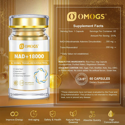 OMOGS NAD+ 300 mg + Trans-Resveratrol 200 mg, Pure NAD Supplement, Max Absorption, Boosting Supplement for DNA Repair, Healthy Aging, Cellular Energy & Longevity, 60 Capsules - Maple Wellness Supplements