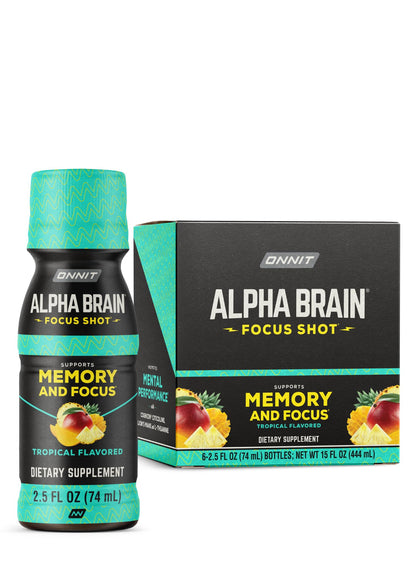 ONNIT Alpha Brain Focus Shot, Tropical Flavor, Nootropic Dietary Supplement Drink That Supports Energy, Focus, and Mood, IGEN™ Non-GMO Tested, 2.5 fl oz, 6 Count - Maple Wellness Supplements