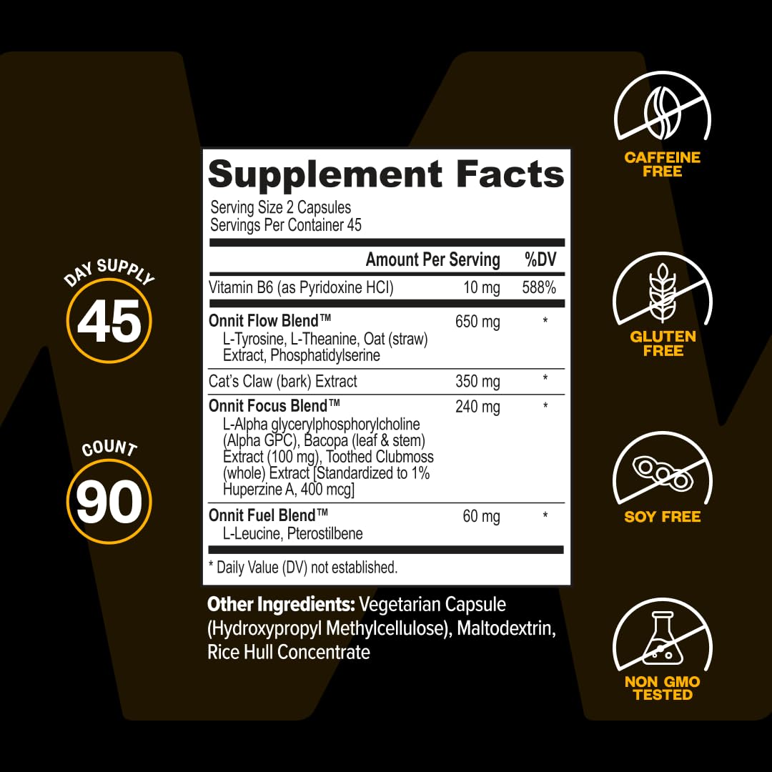 ONNIT Alpha Brain Nootropic Brain Supplement for Focus, Memory, Mental Clarity, Cognitive Support with L-Theanine and Vitamin B6, 90 Count - Maple Wellness Supplements