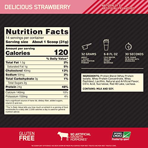Optimum Nutrition Gold Standard 100% Whey Protein Powder, Strawberry, 1 Pound - Maple Wellness Supplements