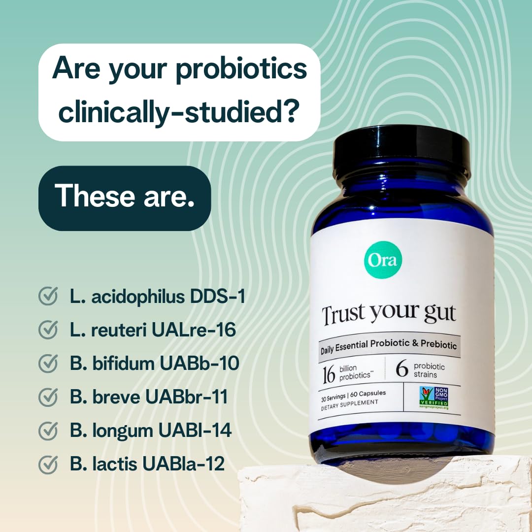 Ora Organic Probiotics with Prebiotics for Digestive Health 16 Billion CFU - Trust Your Gut - Strains - Acidophilus Lactobacillus Breve Bifidum Lactis - Maple Wellness Supplements