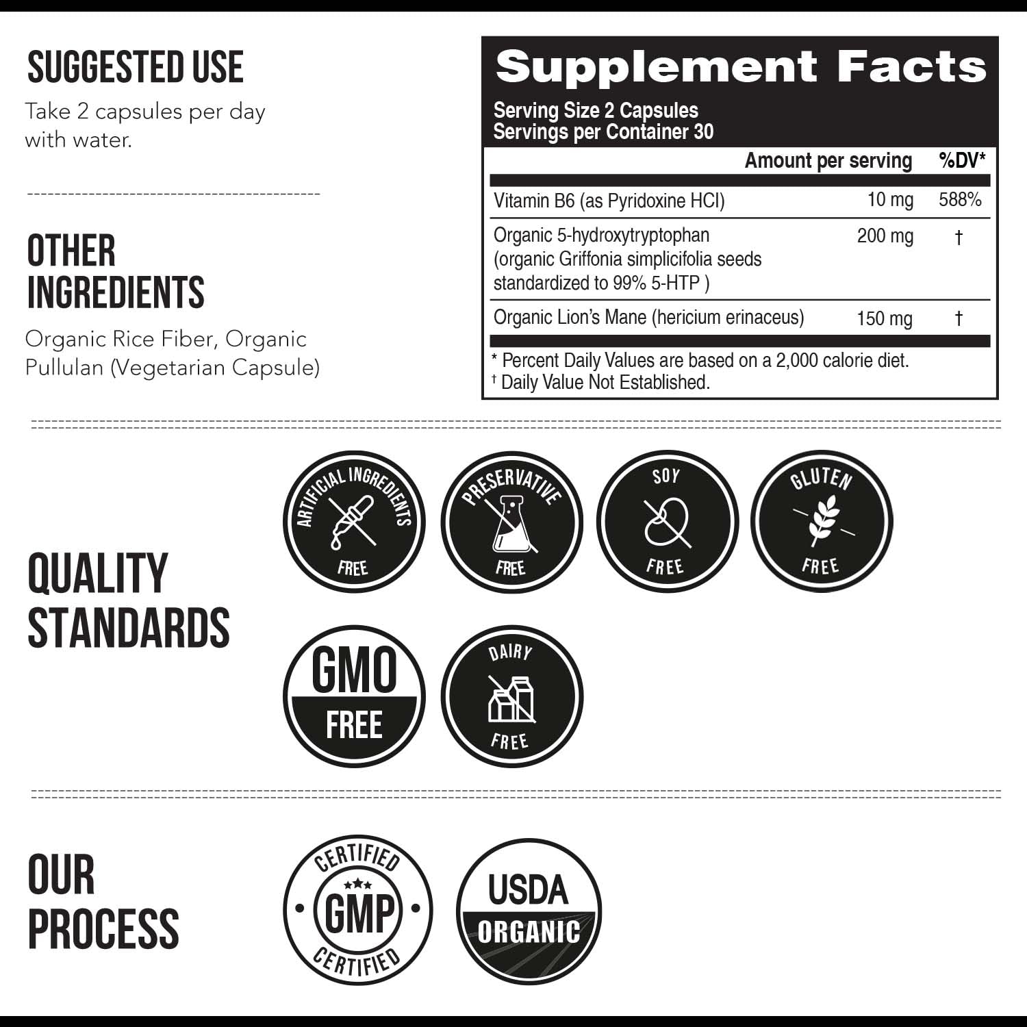 Organic 5-HTP - 200 mg | 99% 5HTP Concentration, Plus Cofactor Vitamin B6 & Lion’s Mane | Water Extracted from Organic Griffonia Seeds | Supports Mood - Maple Wellness Supplements