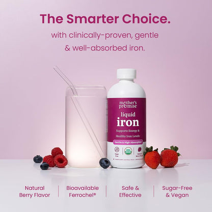 Organic Liquid Iron Supplement for Women, Men & Kids with Vitamin C | Sugar Free Natural Berry Flavor Non Constipating Vegan Ferrochel - Maple Wellness Supplements