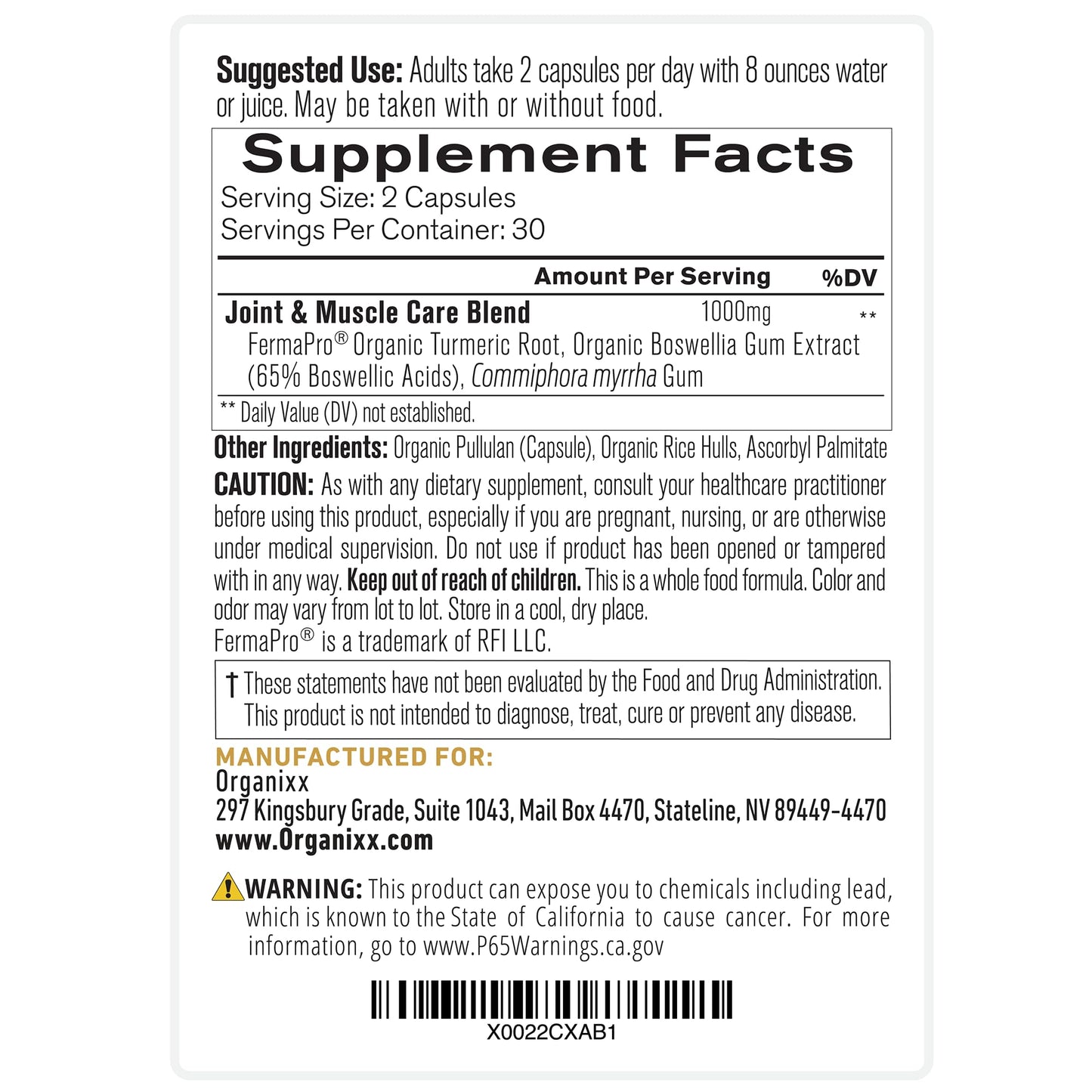 Organixx Joint & Muscle Care Organic Turmeric Supplement, 3-in-1 Frankincense, Turmeric and Myrrh Joint Health & Joint Support Supplement Body Care Capsules, Supports Swelling, Tension, 60 Capsules - Maple Wellness Supplements