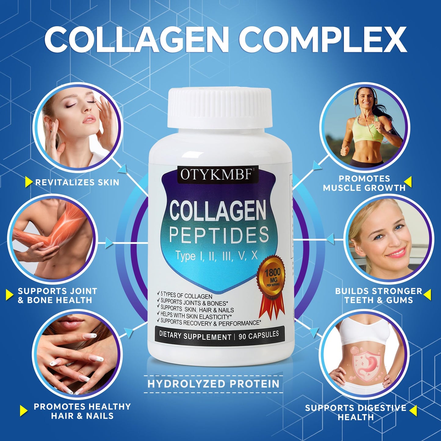 OTYKMBF Multi Collagen Peptides Pills 1800mg, Type I, II, III, V, X - Hydrolyzed Premium Collagen Complex Supports Skin, Joints, Hair & Nails, Hydrolyzed Protein for Women Men, 90 Capsules - Maple Wellness Supplements