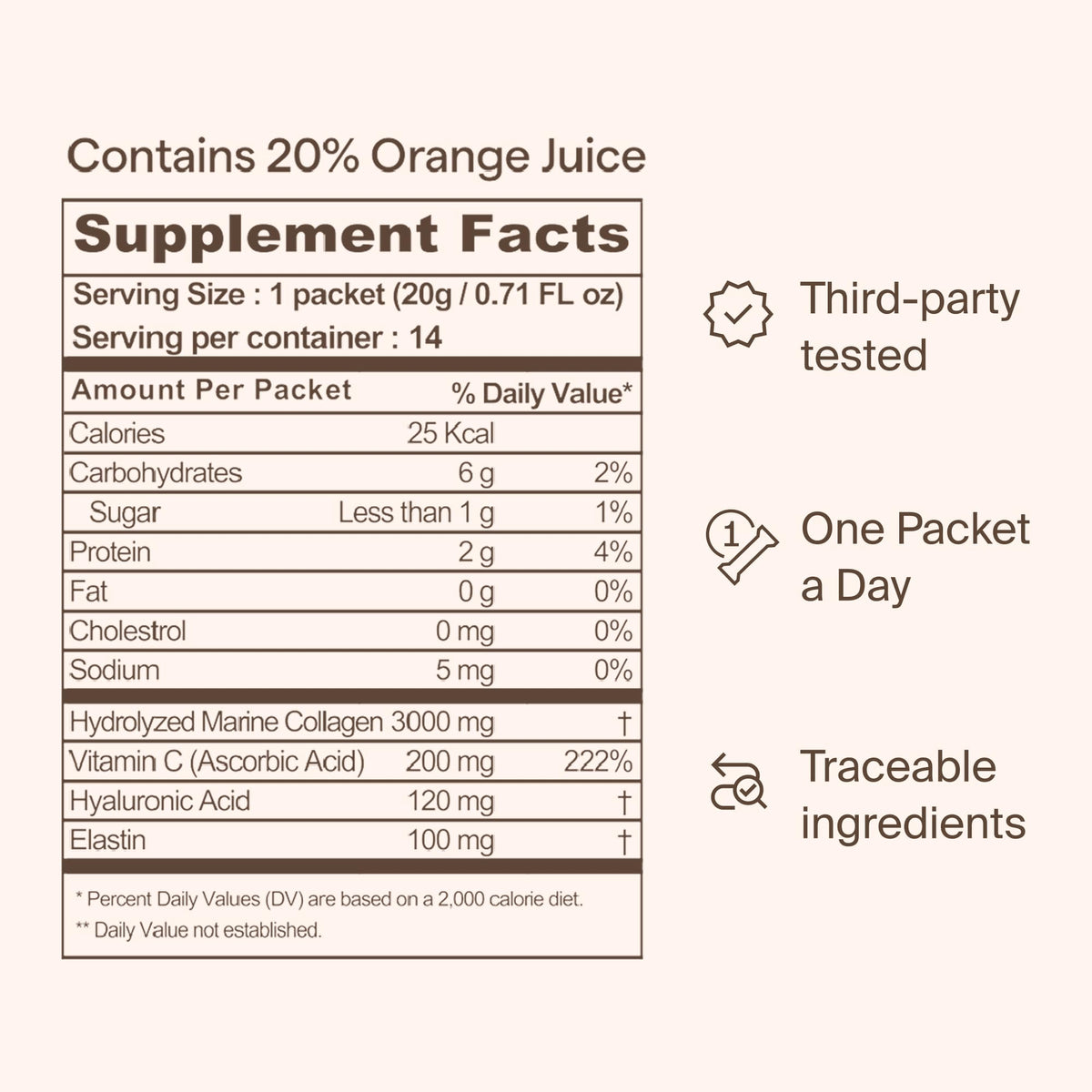 Ownist Triple Collagen Liquid Packets On-The-Go - Peptides with Hydrolyzed Marine Collagen, Elastin, Hyaluronic Acid and Vitamin for Healthy Skin - Orange Flavor - 14 Individual Stick Packs - Maple Wellness Supplements