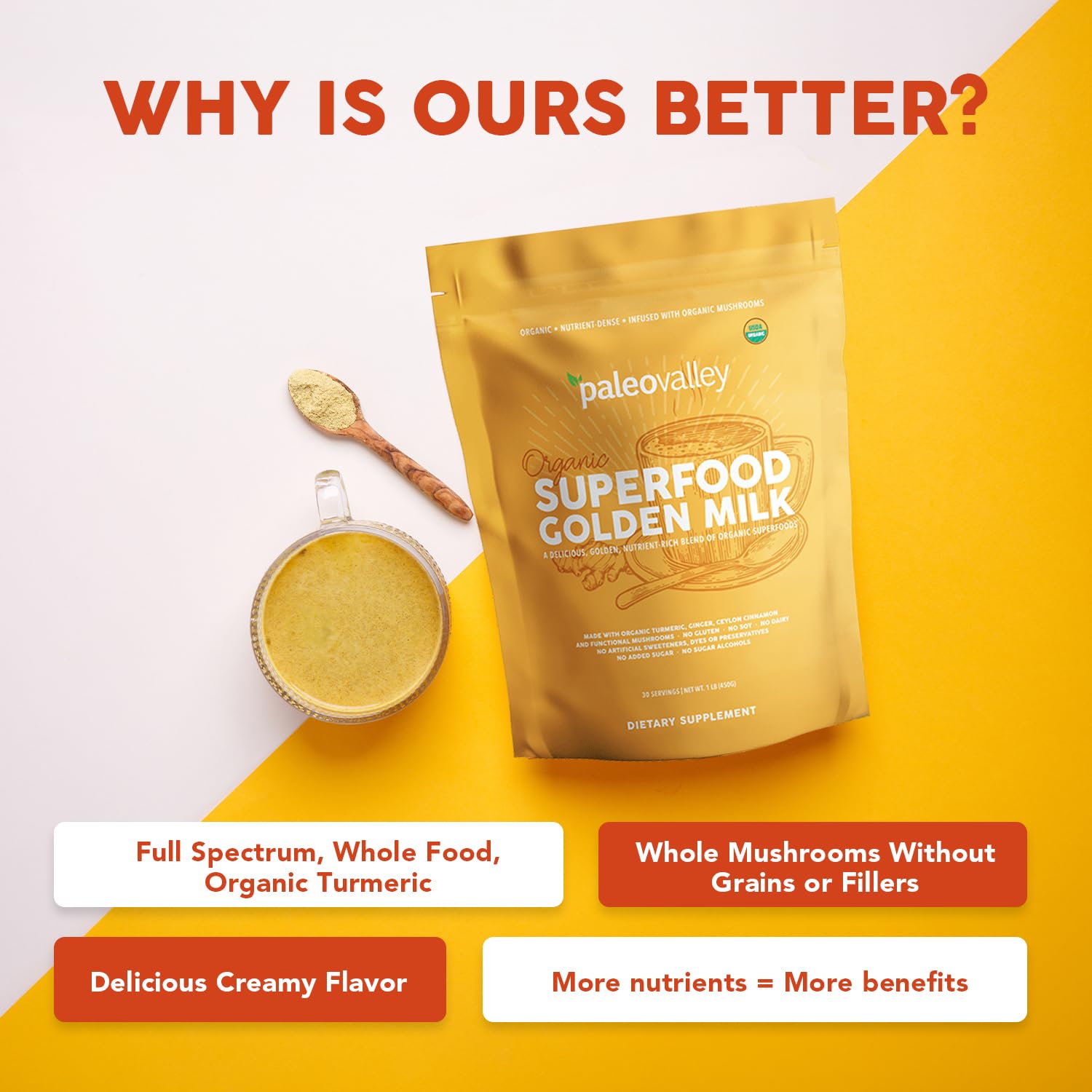 Paleovalley Organic Superfood Golden Milk - Immune, Focus, Cognitive, Longevity - Turmeric, MCT-Rich Coconut Milk, Functional Mushrooms, 30 Servings - Maple Wellness Supplements