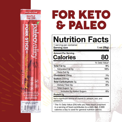 Paleovalley Pasture-Raised Pork Sticks - Maple Bacon Flavor Meat Sticks Individually Wrapped, 28g - 10 Sticks - Gluten-Free Protein Snack - Maple Wellness Supplements