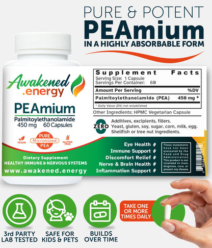 Palmitoylethanolamide 450mg Comfort Mobility Nerves Cognitive & Immune Support - Micronized High Absorption - All Natural Pea - USA Made - No Additives or Excipients – 60 Vegan Capsules Supplement - Maple Wellness Supplements