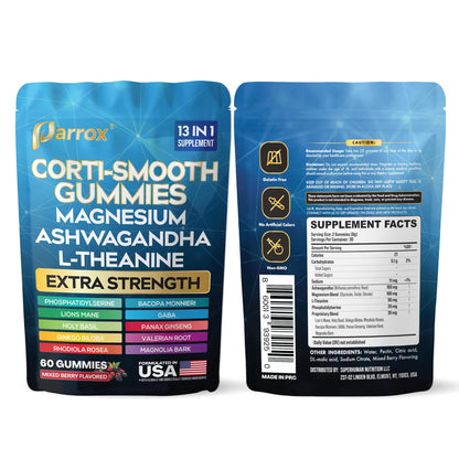 Parrox Corti-Smooth Cortisol Support Gummies with Magnesium, L-Theanine, Ashwagandha, Phosphatidylserine, Bacopa Monnieri, Lions Mane, Ginkgo Biloba, Valerian Root (60 Gummies - Mixed Berry Flavor) - Maple Wellness Supplements