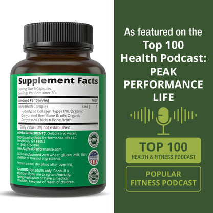 Peak Performance Bone Broth Collagen Capsules - 180 Pills of Grass Fed Bone Broth Collagen Protein Peptides - Contains All 3 Types 1, 2, and 3 - Pure Pasture - Maple Wellness Supplements