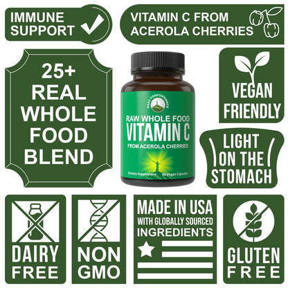 Peak Performance Raw Whole Food Natural Vitamin C Capsules from Acerola Cherry for Max Absorption. Vegan USA Sourced Vitamin C Supplement 90 Pills. 500 mg Serving or 2 Servings 1000mg - Maple Wellness Supplements