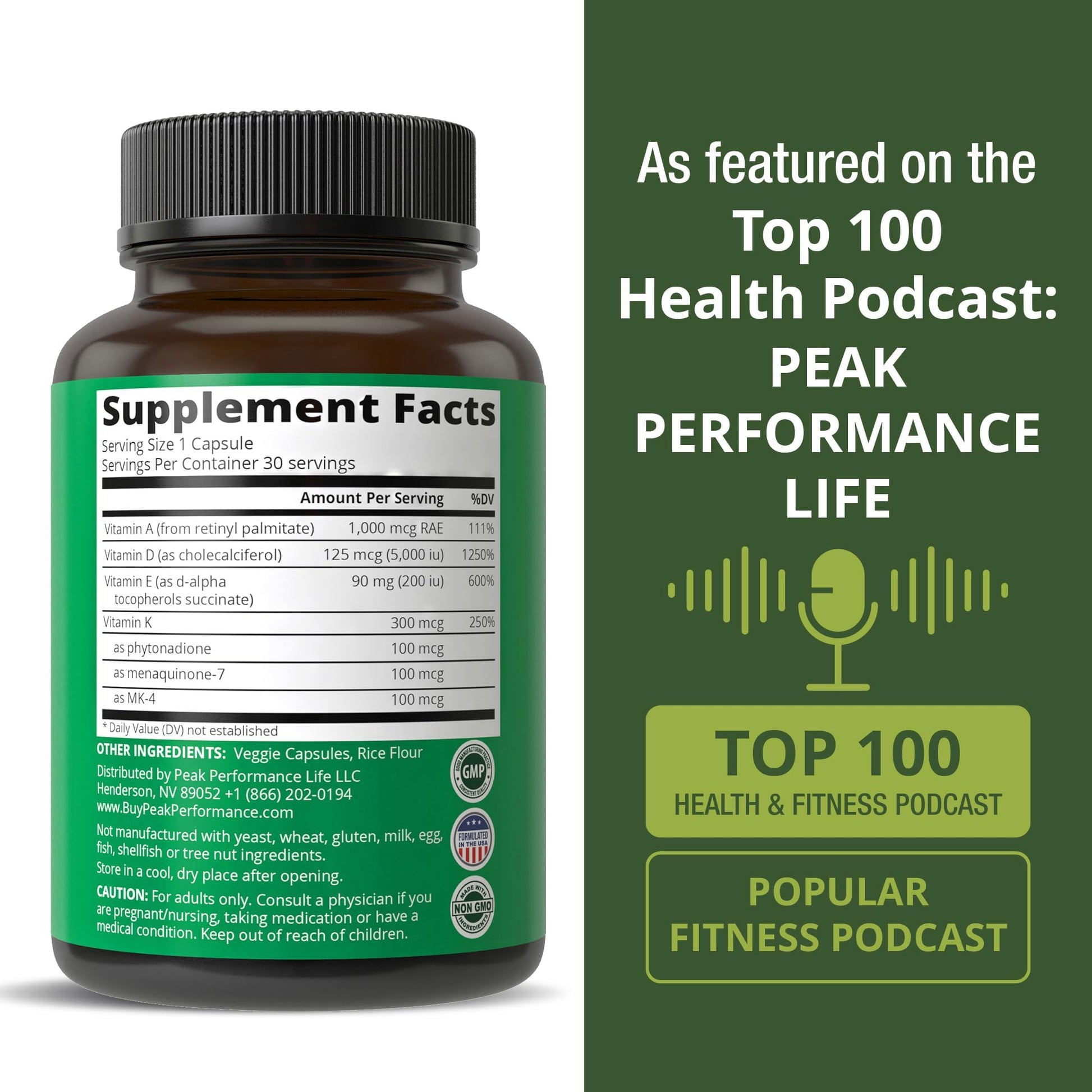 Peak Performance Vitamins D 5,000 iu + A + K + E All in 1 Easy to Swallow Vegan Capsule. ADK Vitamin Supplement with E D3 K2. Essential Vitamins for Mood - Maple Wellness Supplements