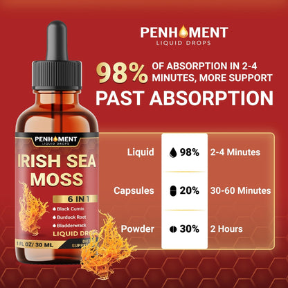 Penhoment 6in1 Sea Moss Drops with Black Seed Oil Irish Seamoss, Ashwagandha, Burdock Root & Bladderwrack - 1FL Oz - 30 Day Supply - Maple Wellness Supplements