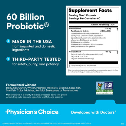 Physician's CHOICE Probiotics 60 Billion CFU - 10 Strains + Organic Prebiotics - Immune, Digestive & Gut Health - Supports Occasional Constipation, Diarrhea, Gas & Bloating - Maple Wellness Supplements