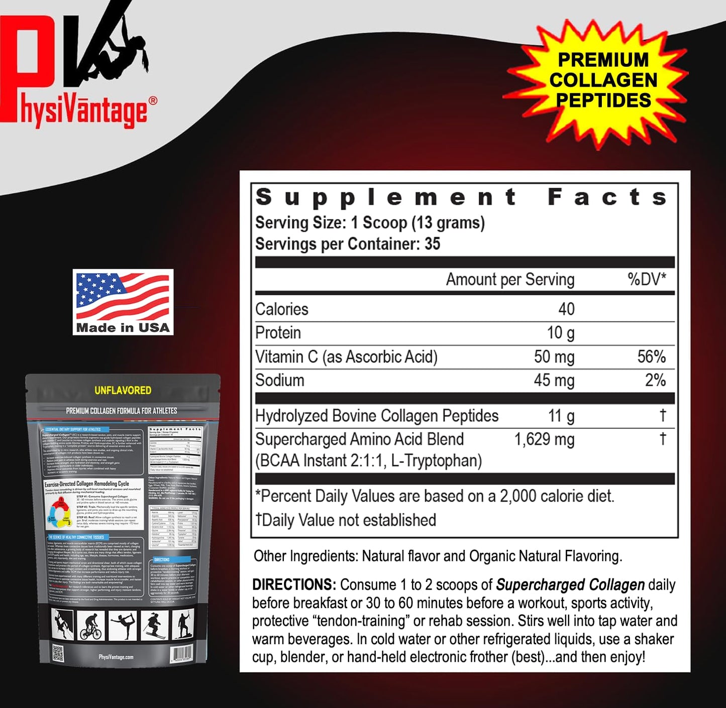 PhysiVantage Supercharged Collagen Peptides Powder - Hydrolyzed Collagen for Joint, Tendon, Ligament, & Skin Health Support - Peach Mango, Keto, Paleo, 16oz | Enhanced with Vitamin C, BCAAs, Grass-Fed - Maple Wellness Supplements