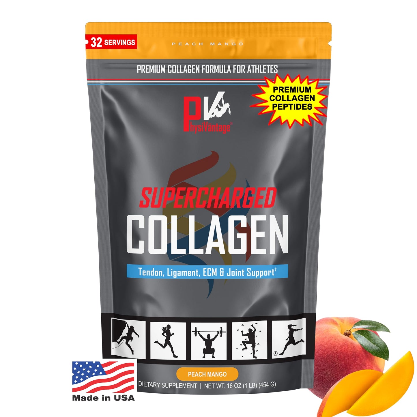 PhysiVantage Supercharged Collagen Peptides Powder - Hydrolyzed Collagen for Joint, Tendon, Ligament, & Skin Health Support - Peach Mango, Keto, Paleo, 16oz | Enhanced with Vitamin C, BCAAs, Grass-Fed - Maple Wellness Supplements