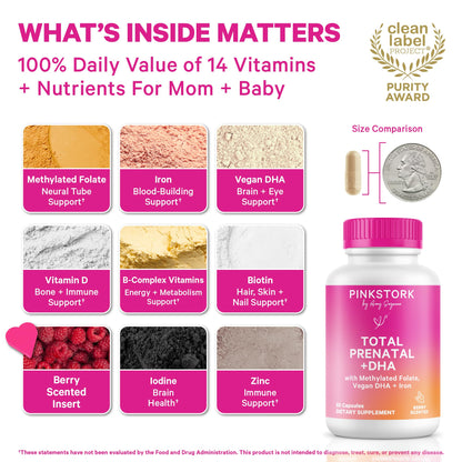 Pink Stork Total Prenatal Vitamins with DHA, Folate, Iron, Choline, and Vitamin B12 - Prenatals for Women to Support Fetal Development, Pregnancy Essentials - Maple Wellness Supplements