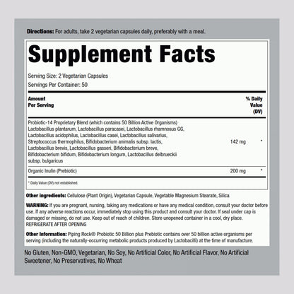 Piping Rock Probiotic and Prebiotic for Women and Men | 50 Billion CFU | 100 Capsules | Ultimate 14 Strain Supplement | Vegetarian, Non-GMO, Gluten Free - Maple Wellness Supplements