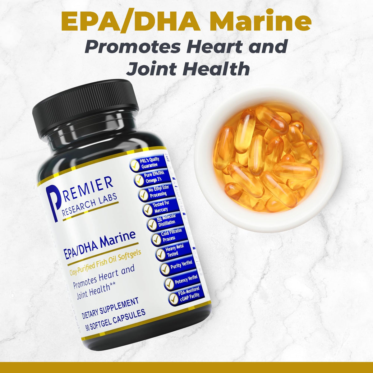 Premier Research Labs EPA DHA Marine Softgels - Omega 3 Fish Oil, EPA DHA Omega 3 Supplement, Fatty Acids for Women & Men, Natural - 90 Softgel Capsules - Maple Wellness Supplements