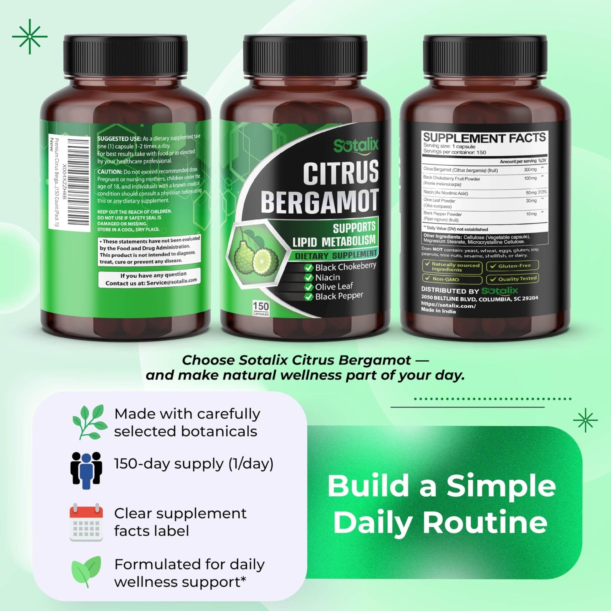Premium Citrus Bergamot Organic Bergamot Supplement with Niacin Black Chokeberry Olive Leaf Black Pepper - Maple Wellness Supplements