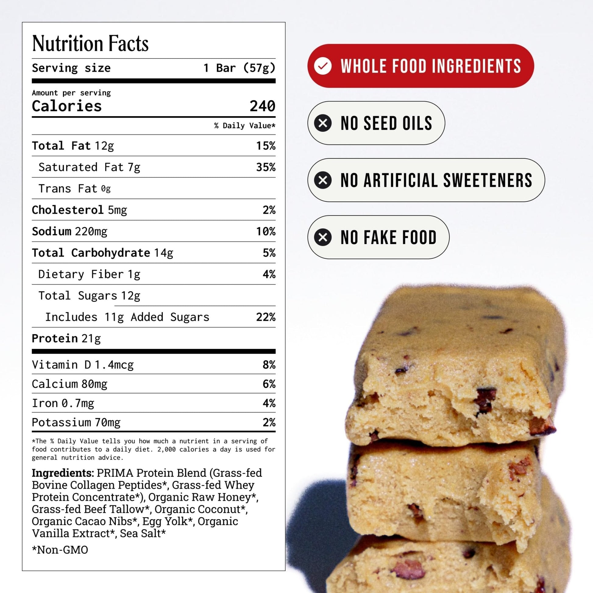 PRIMA Cookie Dough Protein Bar | 21g Grass Fed Whey and Collagen | No Seed Oils, No Preservatives, Raw Honey Sweetened | 7 Pack - Maple Wellness Supplements