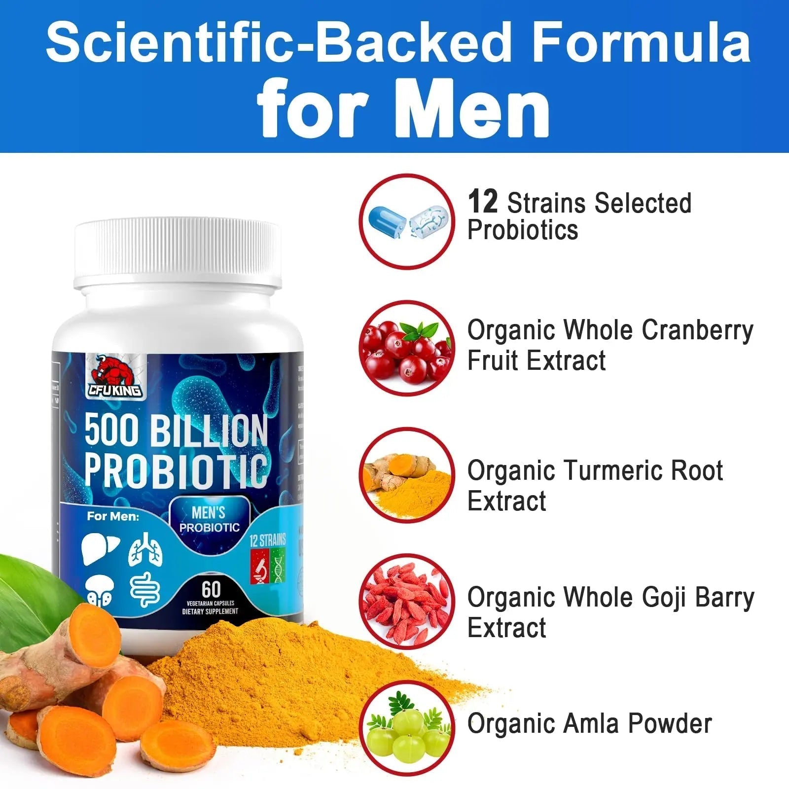 Probiotics for Men, 500 Billion CFU & 12 Mens Probiotic for Digestive Health + 4 Organic Prebiotic Fiber, for Digestive, Gut, Immune Health, Bloating, Gas, Energy Support, Shelf Stable - 120 Capsules - Maple Wellness Supplements