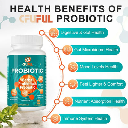 Probiotics for Women & Men - 300 Billion CFU, 24 Strains Probiotic + 15 Organic Herbs Prebiotics Blend, for Overall Digestive Gut Health, Immune, Constipation & Bloating, Shelf Stable - 4 Month Supply - Maple Wellness Supplements